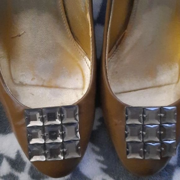 J.Crew Taupe Almond Toe Square Gem Embellishment 3 Inch Patent Leather Pumps 6.5 - Picture 13 of 16